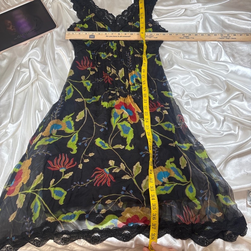y2k silk Midi Dress Black Excellent Floral Lace Trim Sleeveless Crinkle Chiffon - Picture 5 of 5